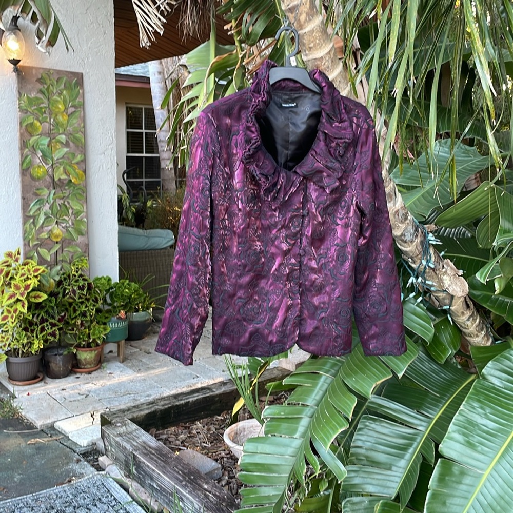 Samuel dong, metallic satin roses, raised collar jacket